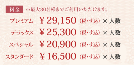 スタンダード：16,500円(税・サ込)×人数　スペシャル：10,900円(税・サ込)×人数 デラックス：25,300円(税・サ込)×人数　プレミアム：29,150円(税・サ込)×人数　※最大30名様までご利用いただけます。